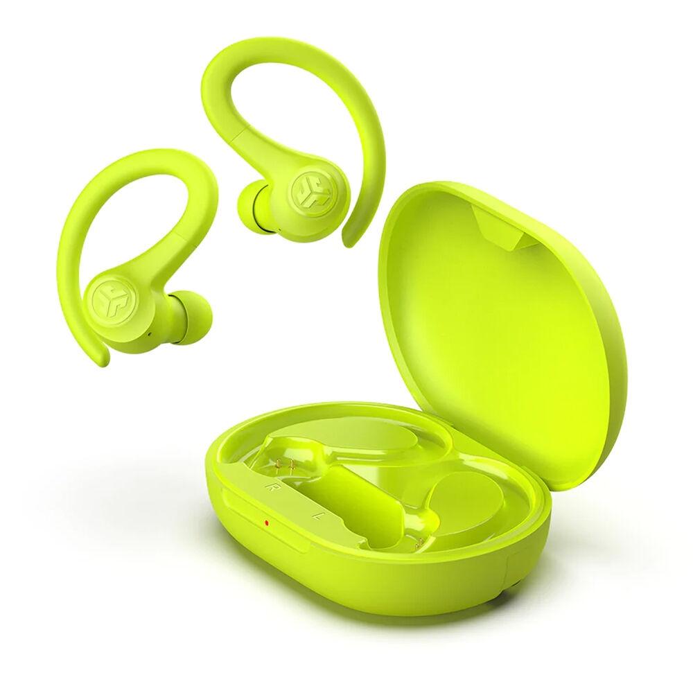 JLab GO Air Sport true wireless earbuds in neon with earhook sport design — view 3
