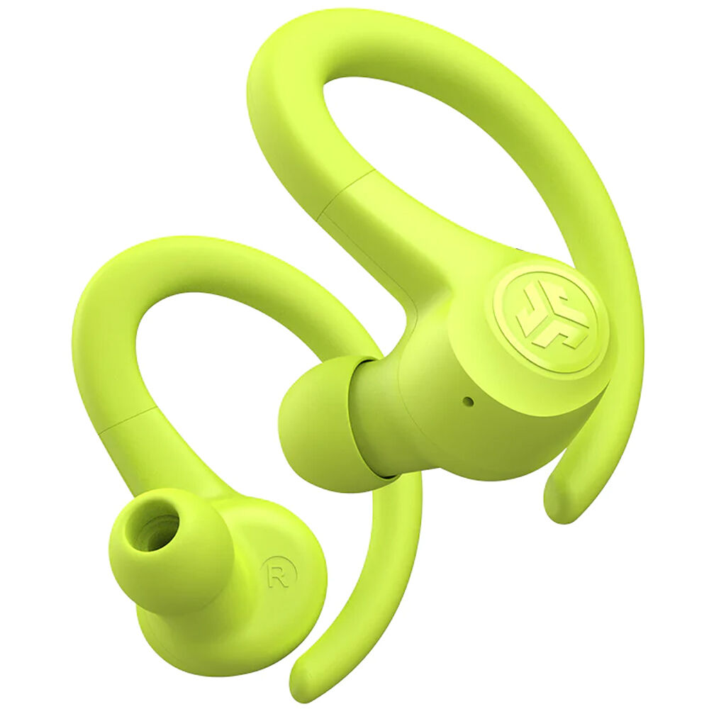 JLab GO Air Sport true wireless earbuds in neon with earhook sport design — view 4