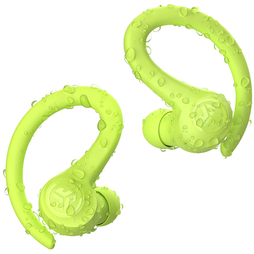 JLab GO Air Sport true wireless earbuds in neon with earhook sport design — view 5