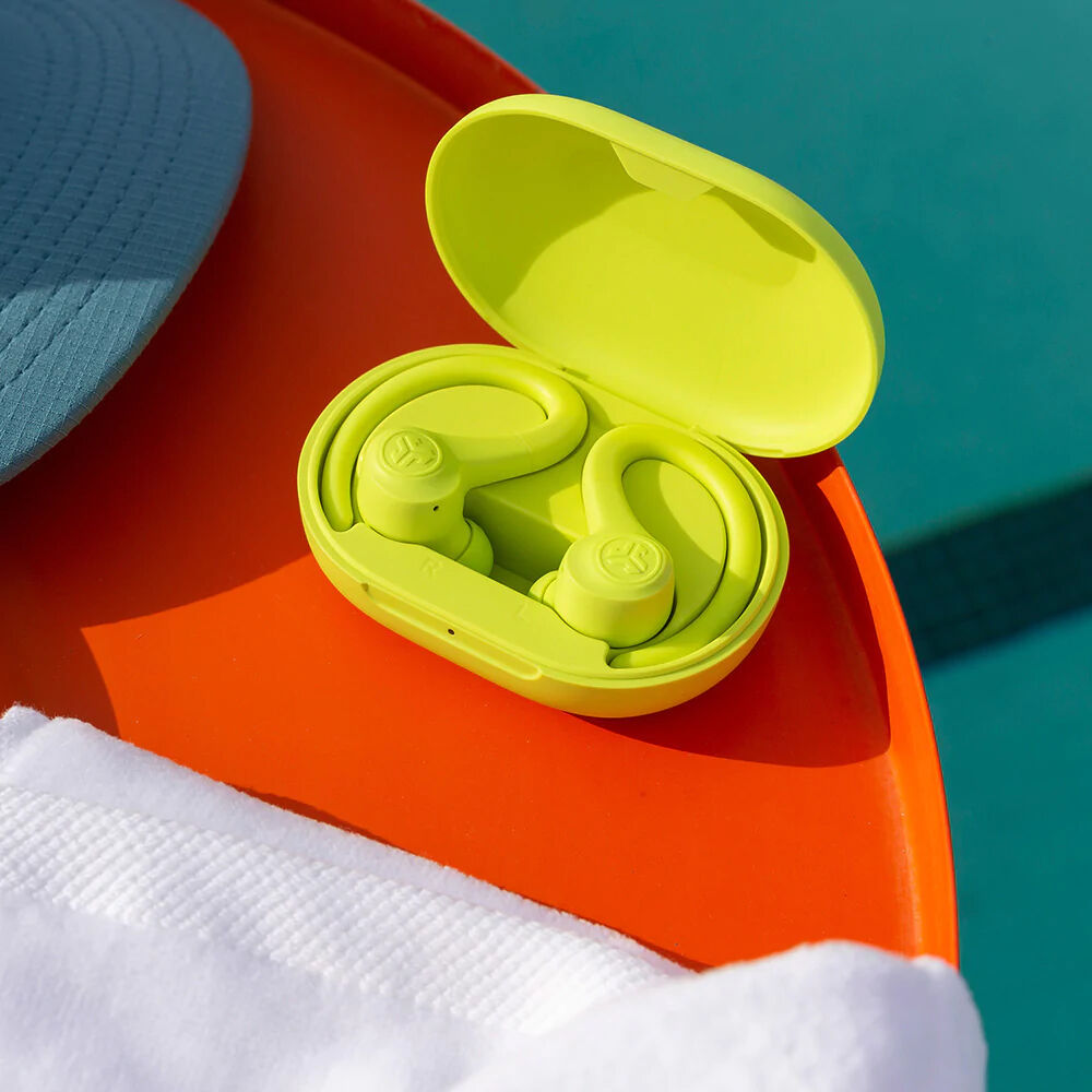 JLab GO Air Sport true wireless earbuds in neon with earhook sport design — view 6