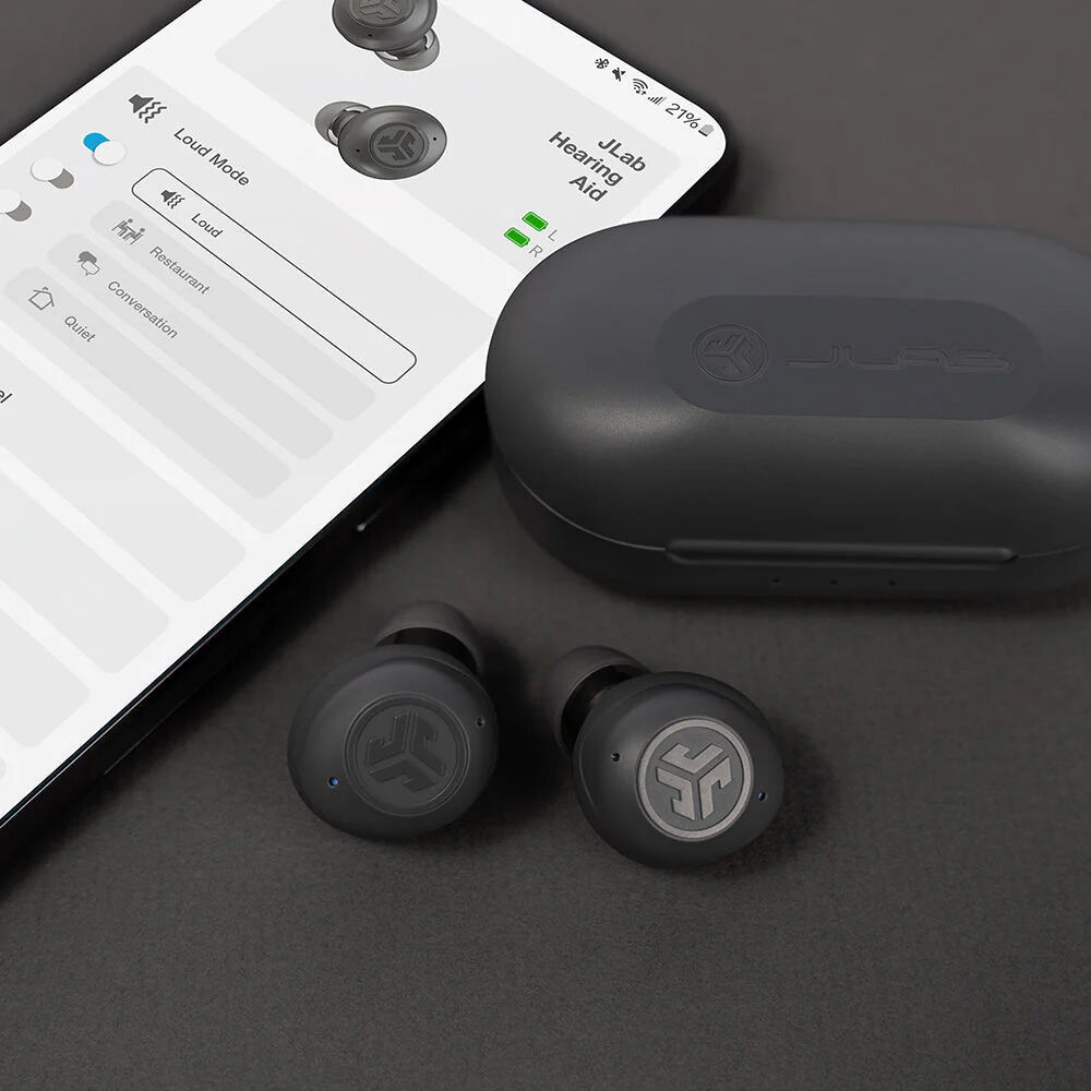 JLab Audio HEAR OTC Hearing Aid + Earbud in black, discreet in-ear personal listening device — view 2