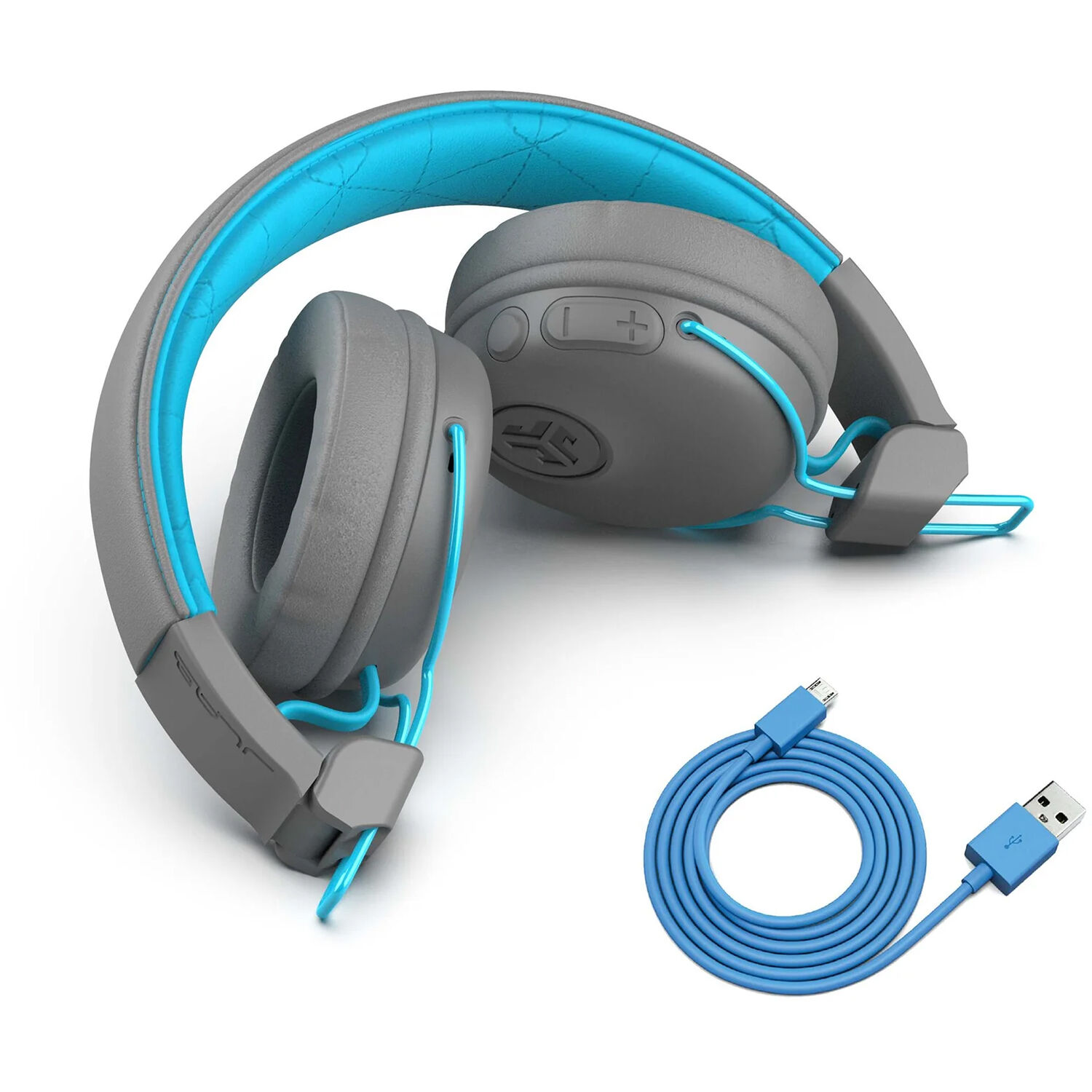 JLab Studio wireless on-ear headphones in gray and blue with over-the-head binaural design — view 3