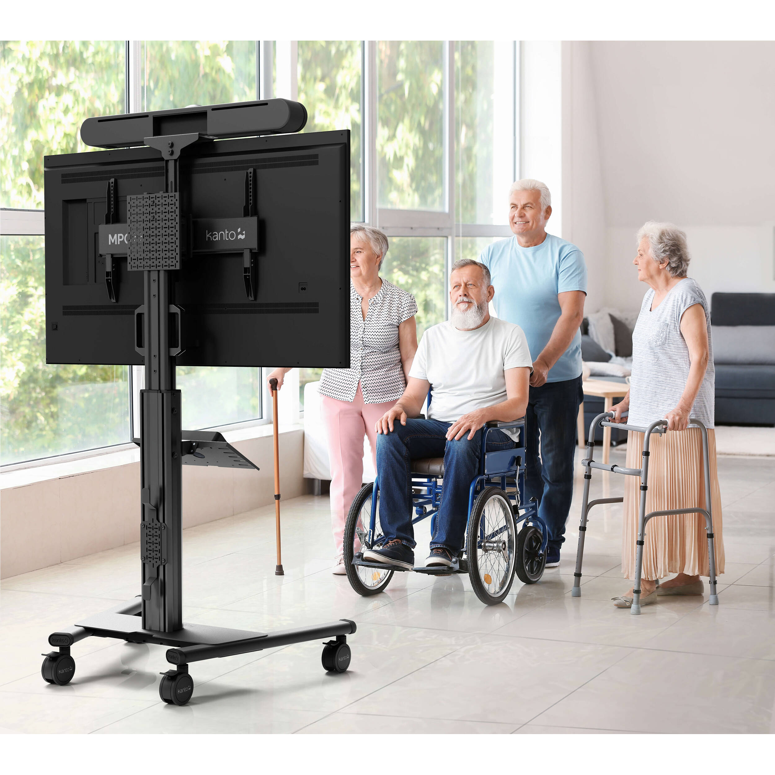 White rolling AV cart for Logitech Rally Bar and Rally Bar Mini with device tray and cable management — view 10