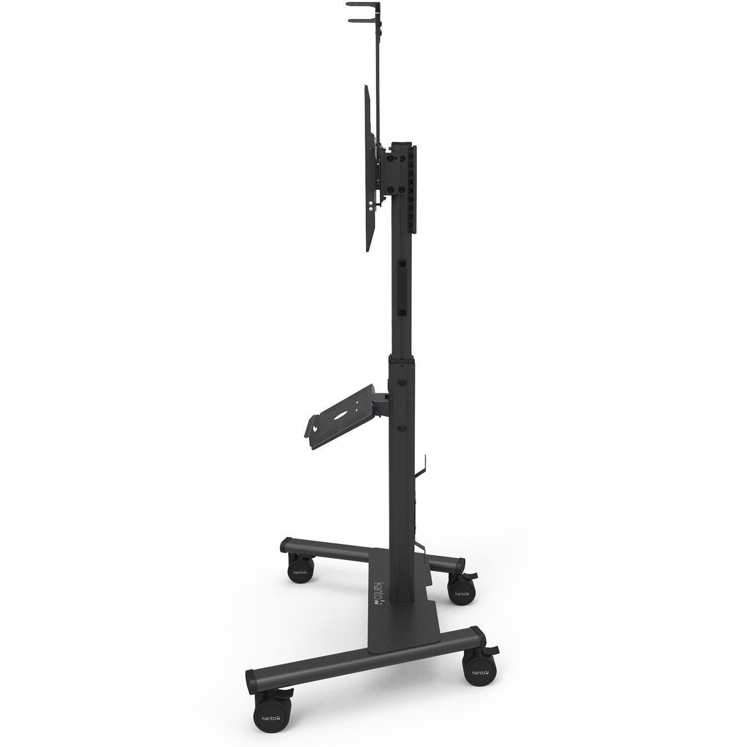 White rolling AV cart for Logitech Rally Bar and Rally Bar Mini with device tray and cable management — view 2