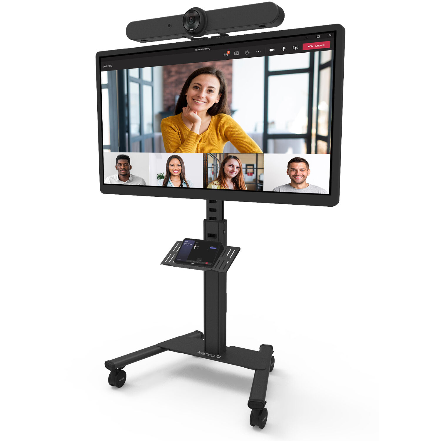 White rolling AV cart for Logitech Rally Bar and Rally Bar Mini with device tray and cable management — view 3