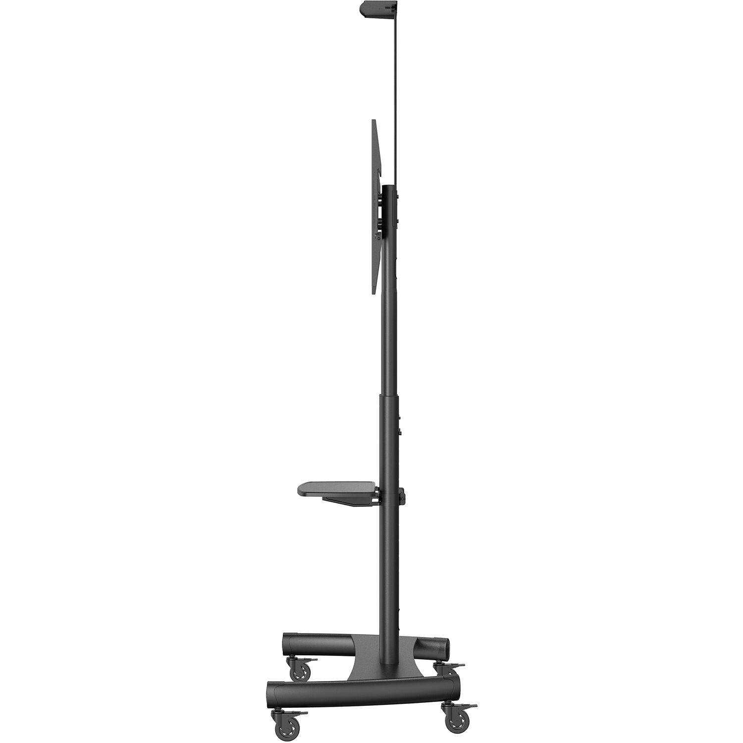 Black rolling AV cart for 86 inch TVs with camera shelf, device tray, and locking wheels — view 2