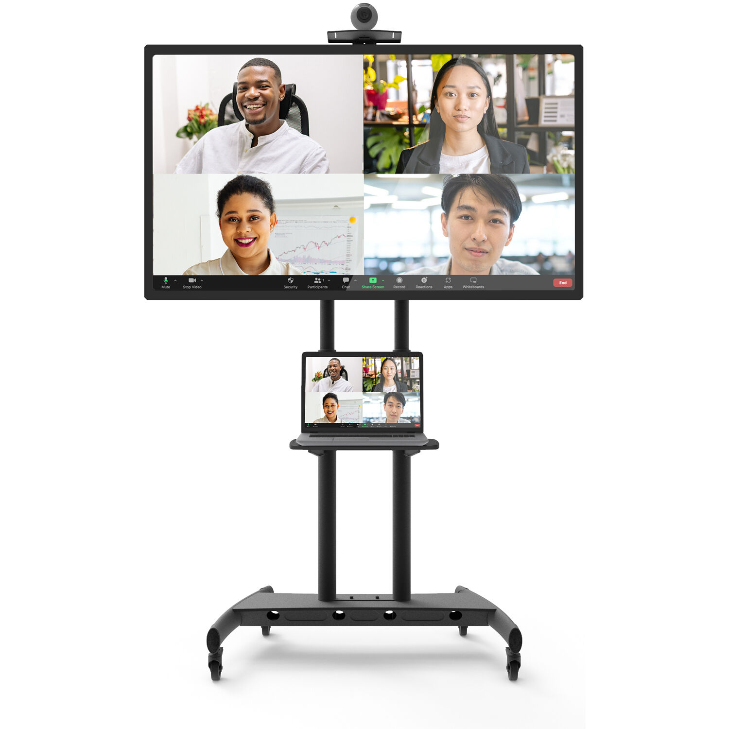 Black rolling AV cart for 86 inch TVs with camera shelf, device tray, and locking wheels — view 3