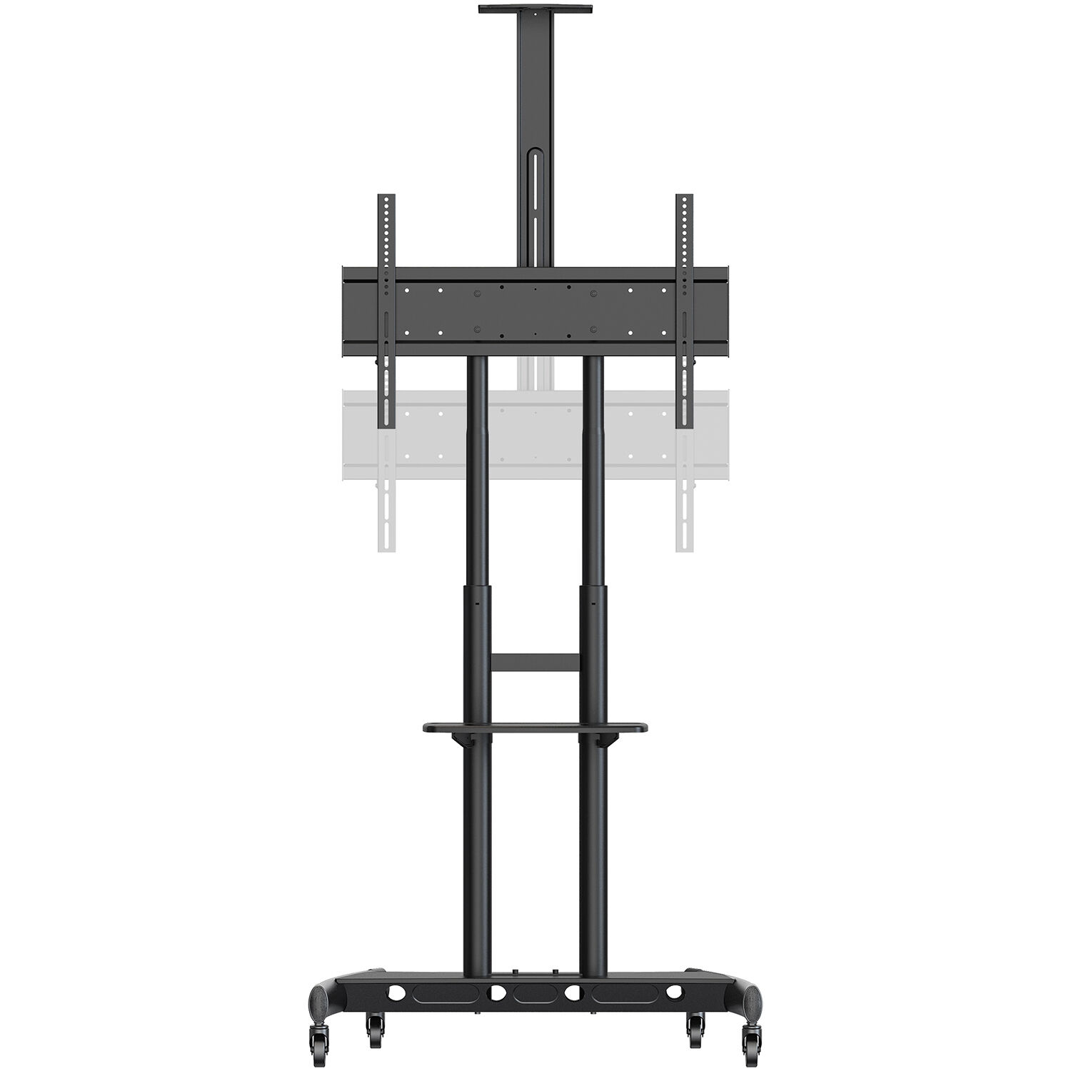Black rolling AV cart for 86 inch TVs with camera shelf, device tray, and locking wheels — view 5