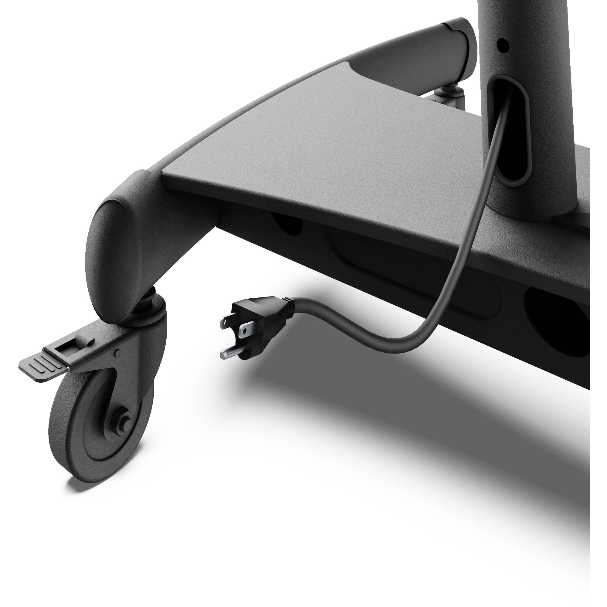 Black rolling AV cart for 86 inch TVs with camera shelf, device tray, and locking wheels — view 6