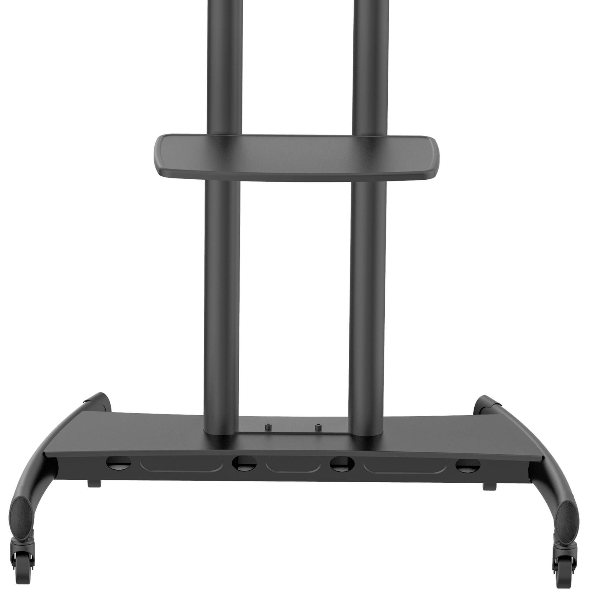 Black rolling AV cart for 86 inch TVs with camera shelf, device tray, and locking wheels — view 7
