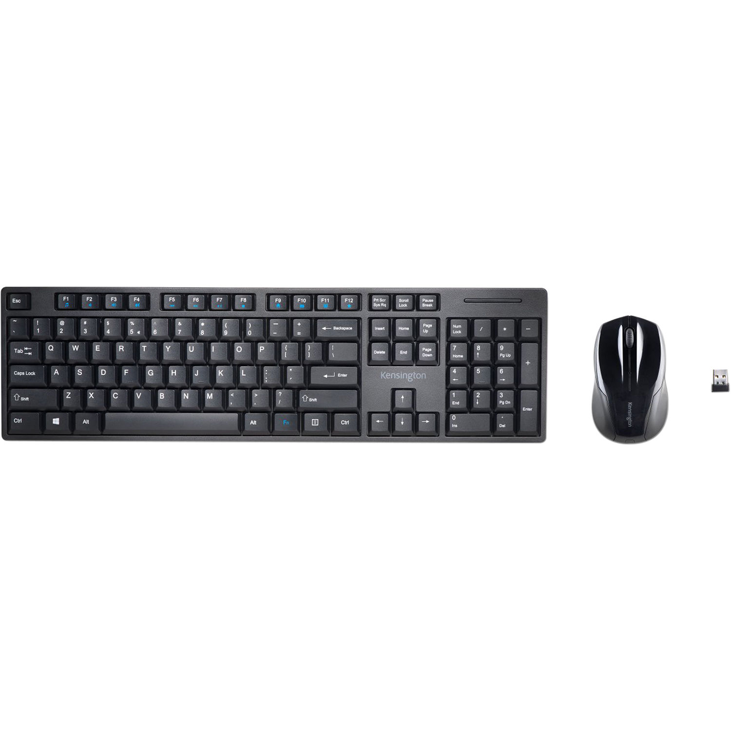 Kensington Low Profile Wireless Desktop Set with full-size keyboard, ambidextrous mouse, and USB receiver — view 2
