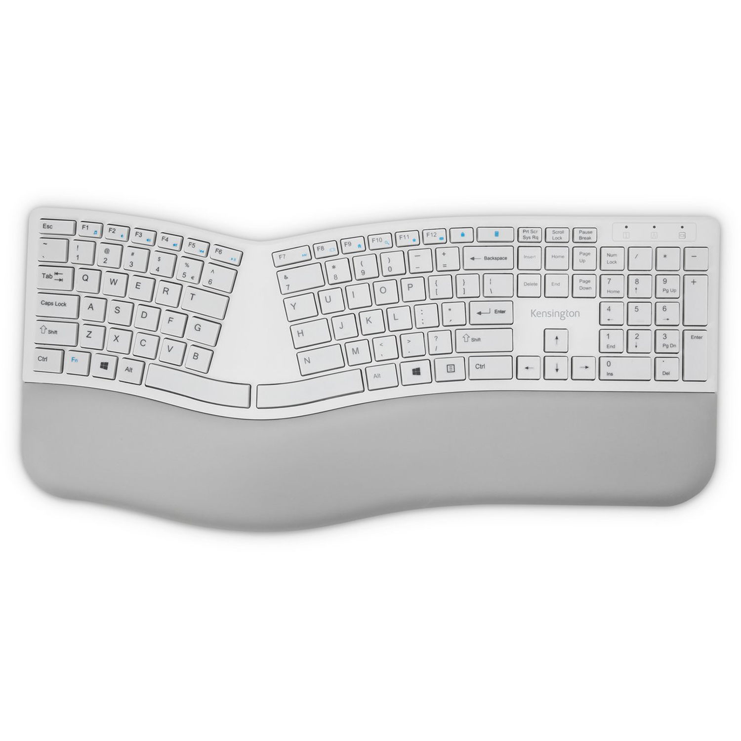 Kensington Pro Fit Ergo Wireless Keyboard in gray with split ergonomic layout and wrist rest — view 2
