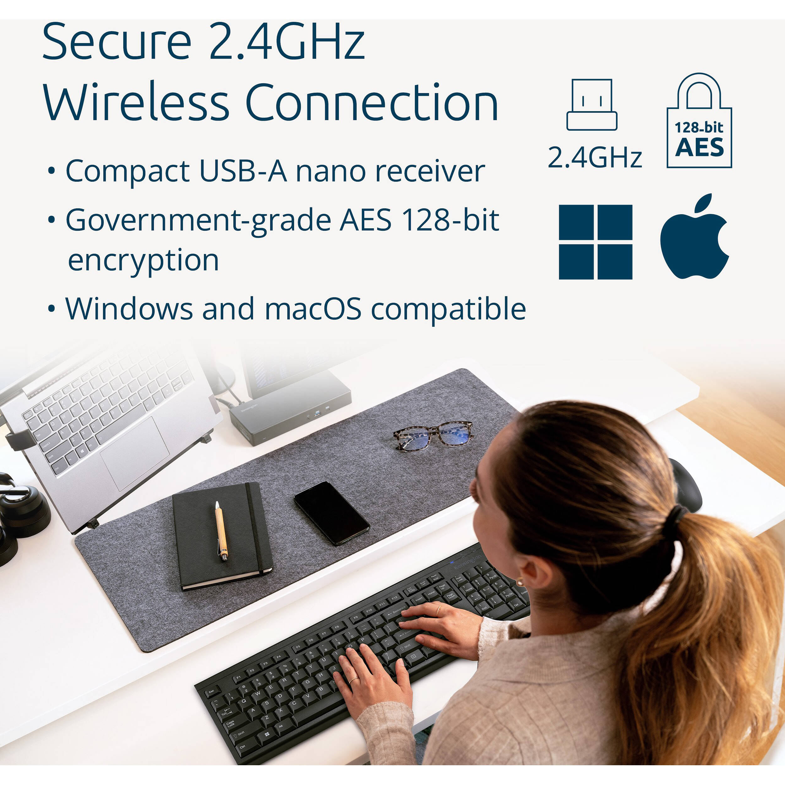 Kensington KM150 EQ wireless desktop set with full-size keyboard and quiet-click mouse — view 3