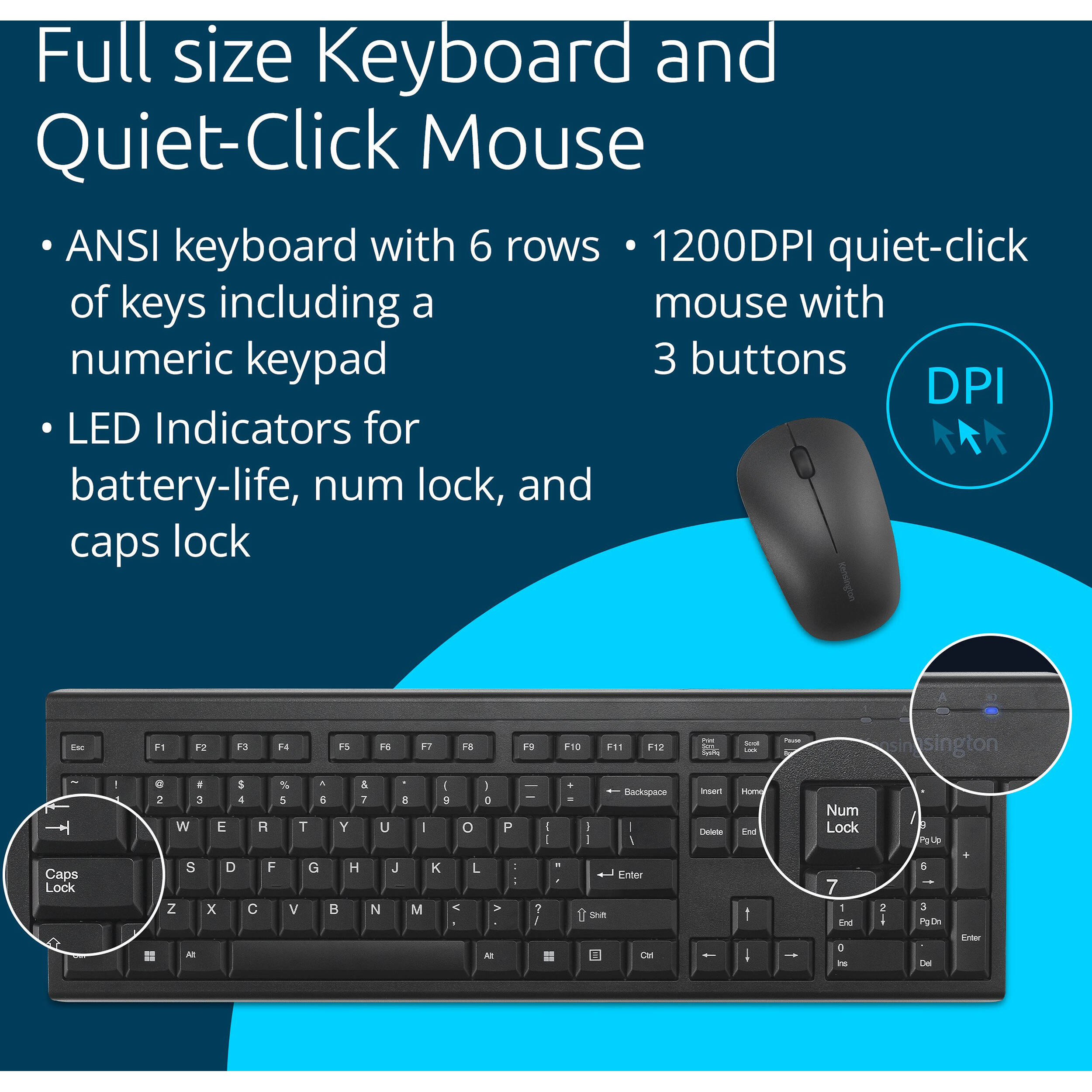 Kensington KM150 EQ wireless desktop set with full-size keyboard and quiet-click mouse — view 5