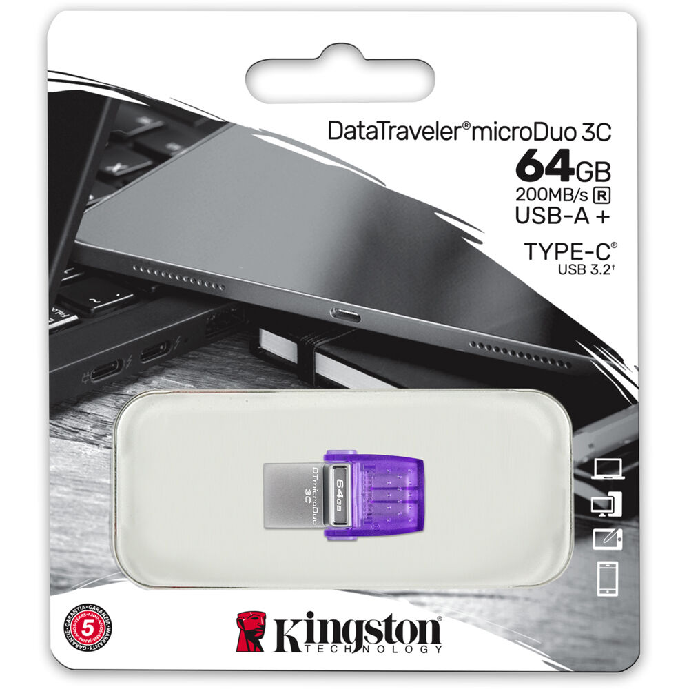 Kingston DataTraveler microDuo 3C 64GB USB flash drive with dual USB-A and USB-C connectors — view 3