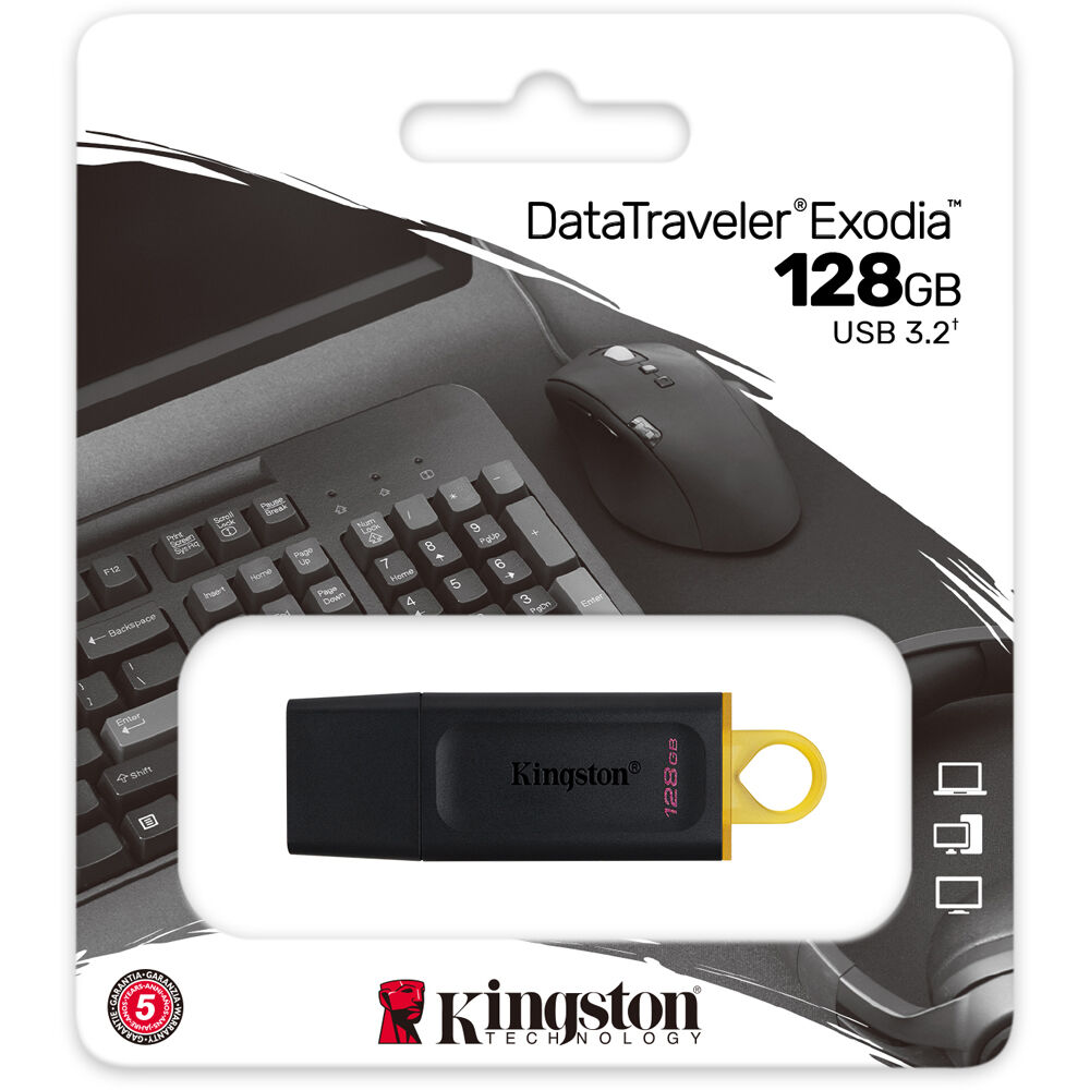 Kingston 128GB DataTraveler Exodia USB 3.2 Gen 1 flash drive in black and yellow — view 6