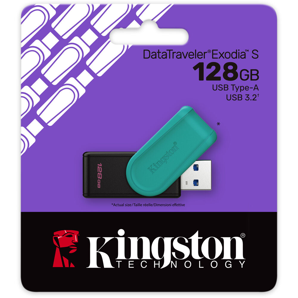 Kingston DataTraveler Exodia S 128GB USB 3.2 Gen 1 flash drive in black and turquoise — view 3