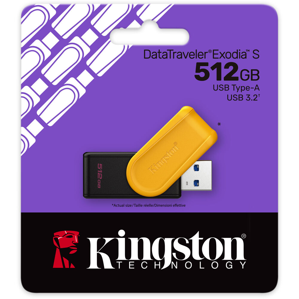 Kingston 512GB DataTraveler Exodia S USB 3.2 Gen 1 flash drive in black and yellow — view 3