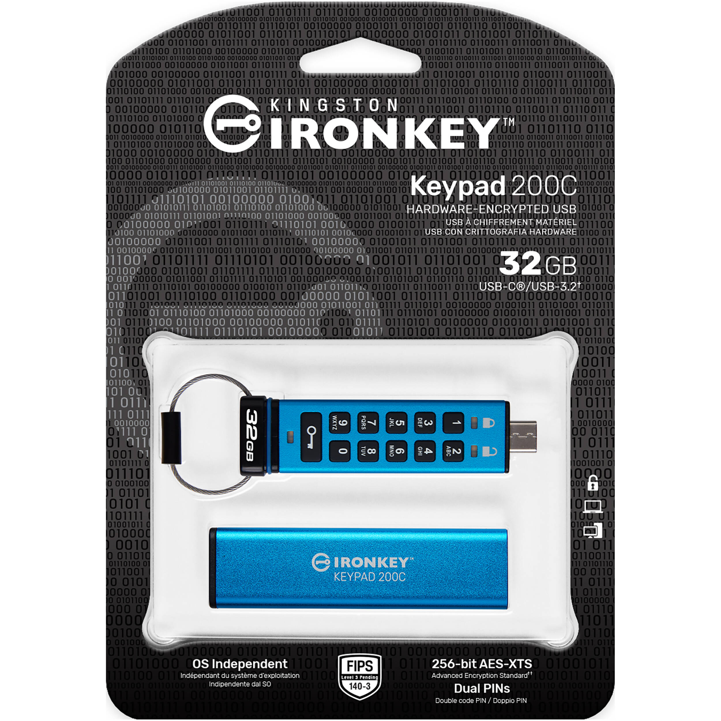 Kingston 32GB IronKey Keypad 200C USB-C secure flash drive with keypad and AES-256 encryption — view 3