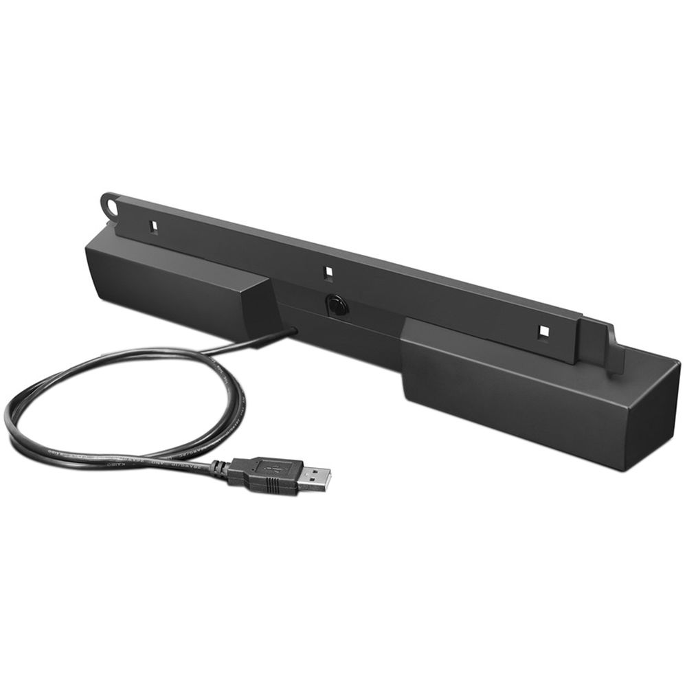 Lenovo USB soundbar mounted to a monitor for compact desktop audio — view 3