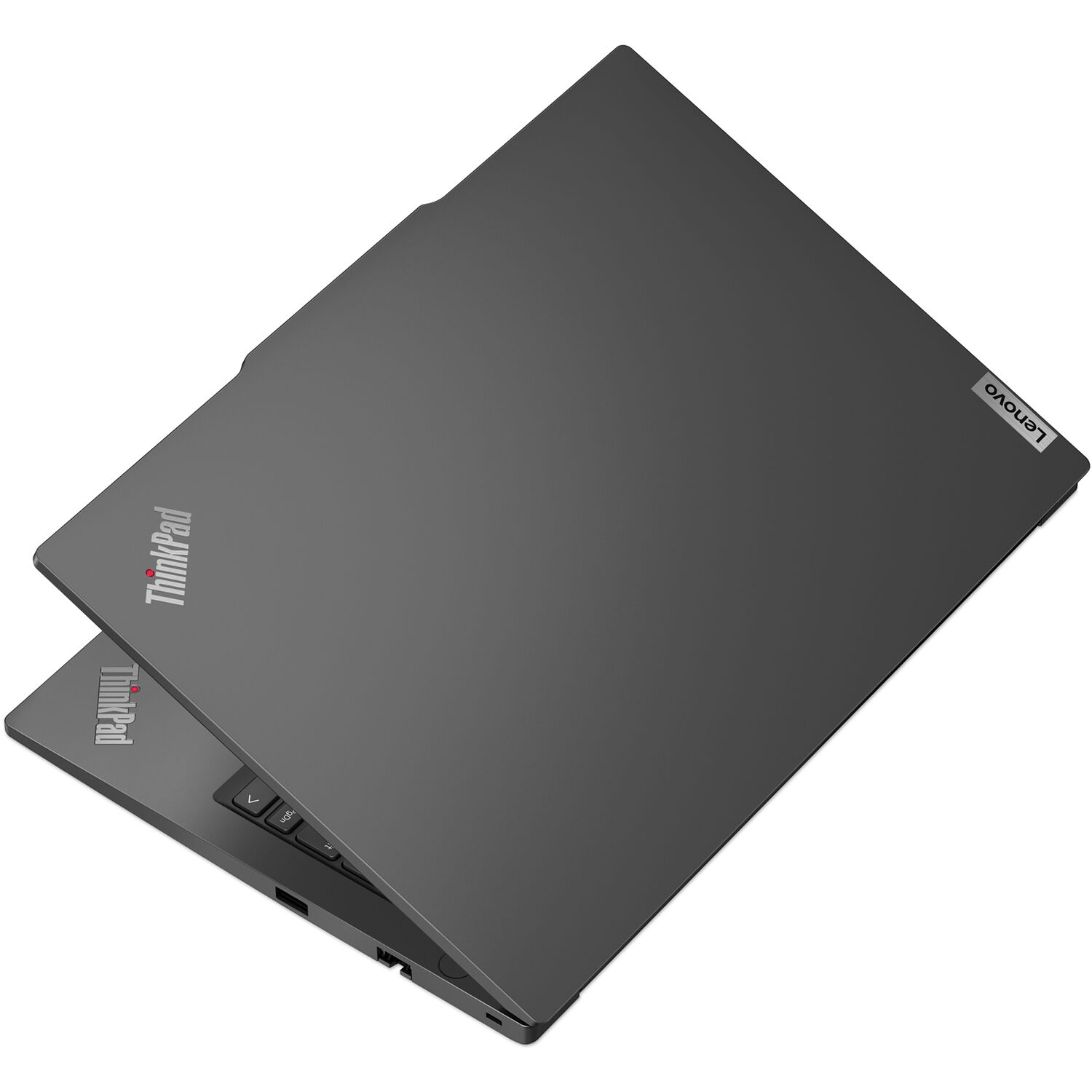 Lenovo ThinkPad E14 business laptop with 14-inch WUXGA display, black chassis, and backlit keyboard — view 13