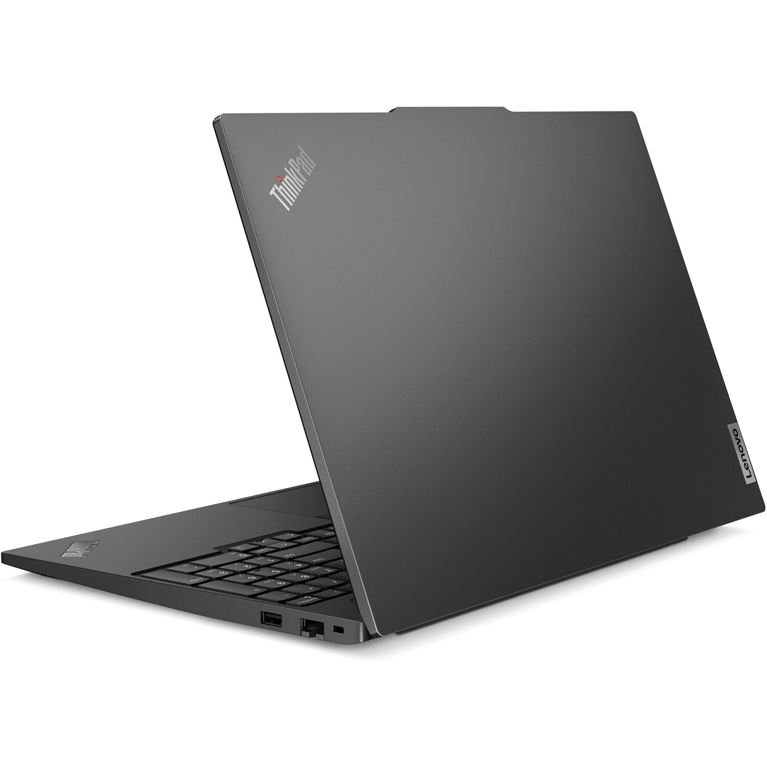 Lenovo ThinkPad E16 Gen 2 business laptop with 16-inch WUXGA display, black chassis, and number pad keyboard — view 12