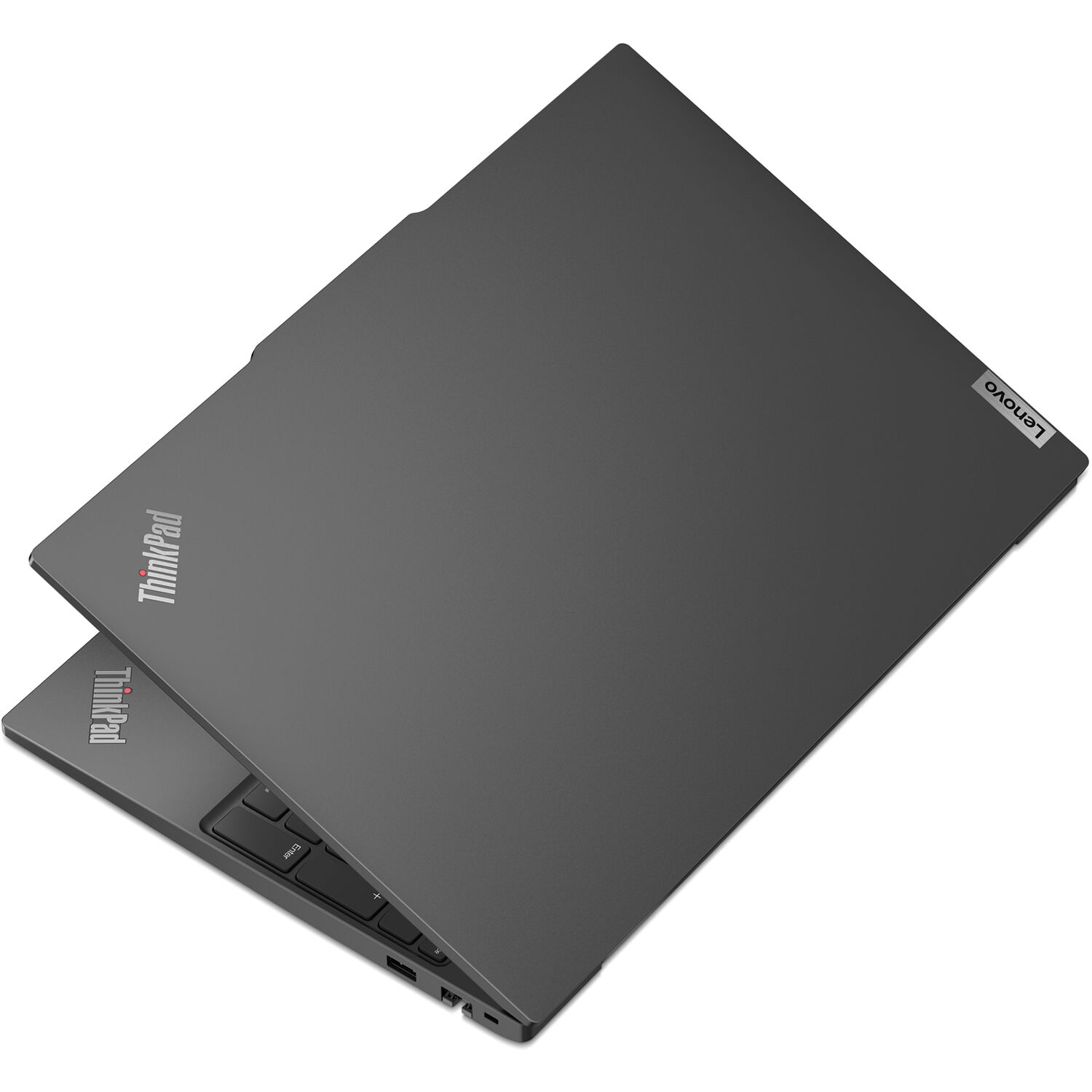 Lenovo ThinkPad E16 Gen 2 business laptop with 16-inch WUXGA display, black chassis, and number pad keyboard — view 13