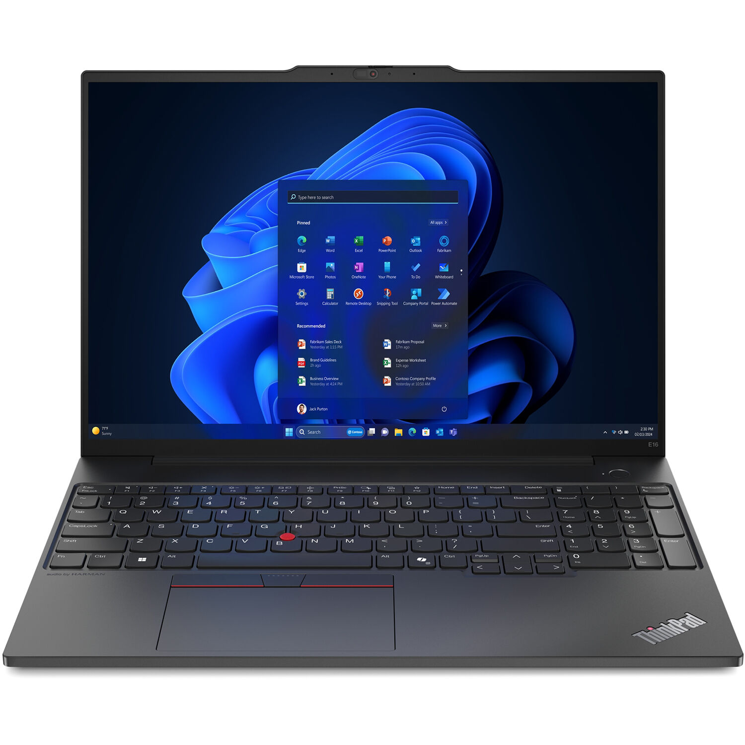 Lenovo ThinkPad E16 Gen 2 business laptop with 16-inch WUXGA display, black chassis, and number pad keyboard — view 2