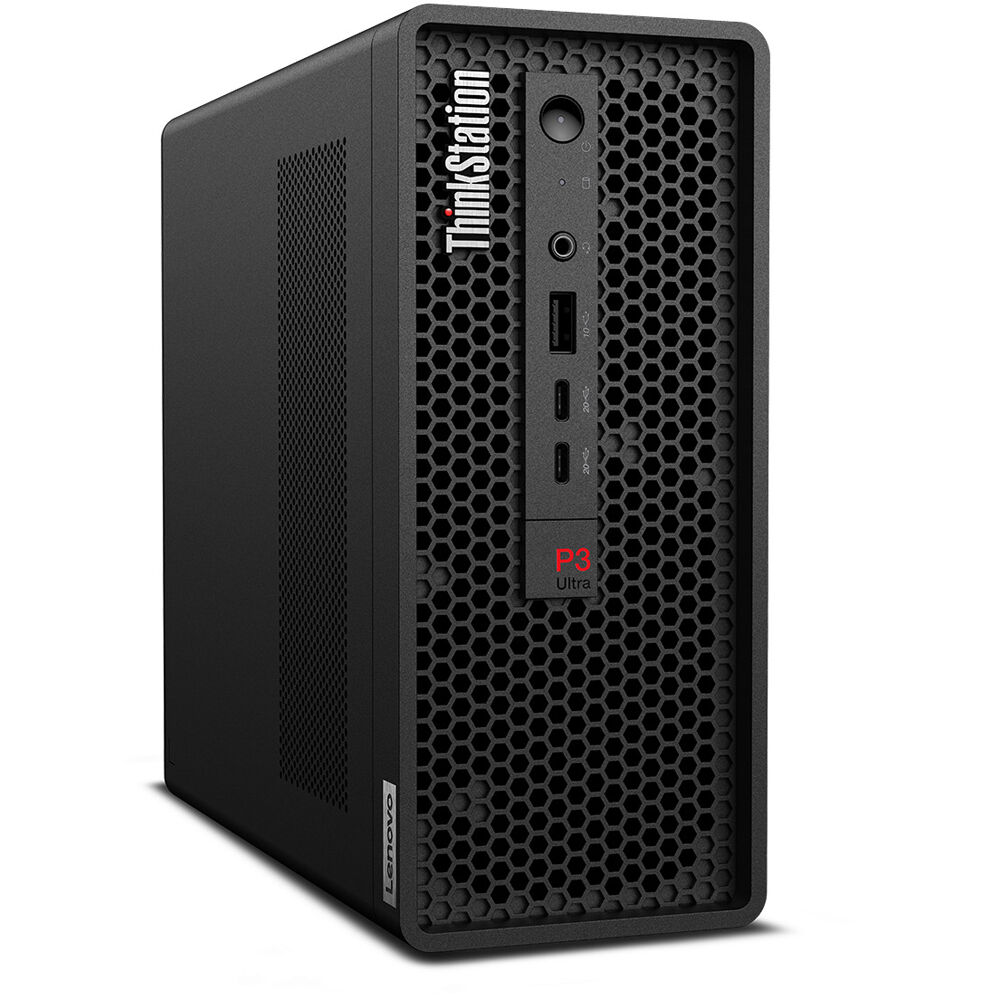 Lenovo ThinkStation P3 Ultra SFF Gen 2 workstation desktop with Intel Core Ultra 5, integrated graphics, and compact black chassis — view 7