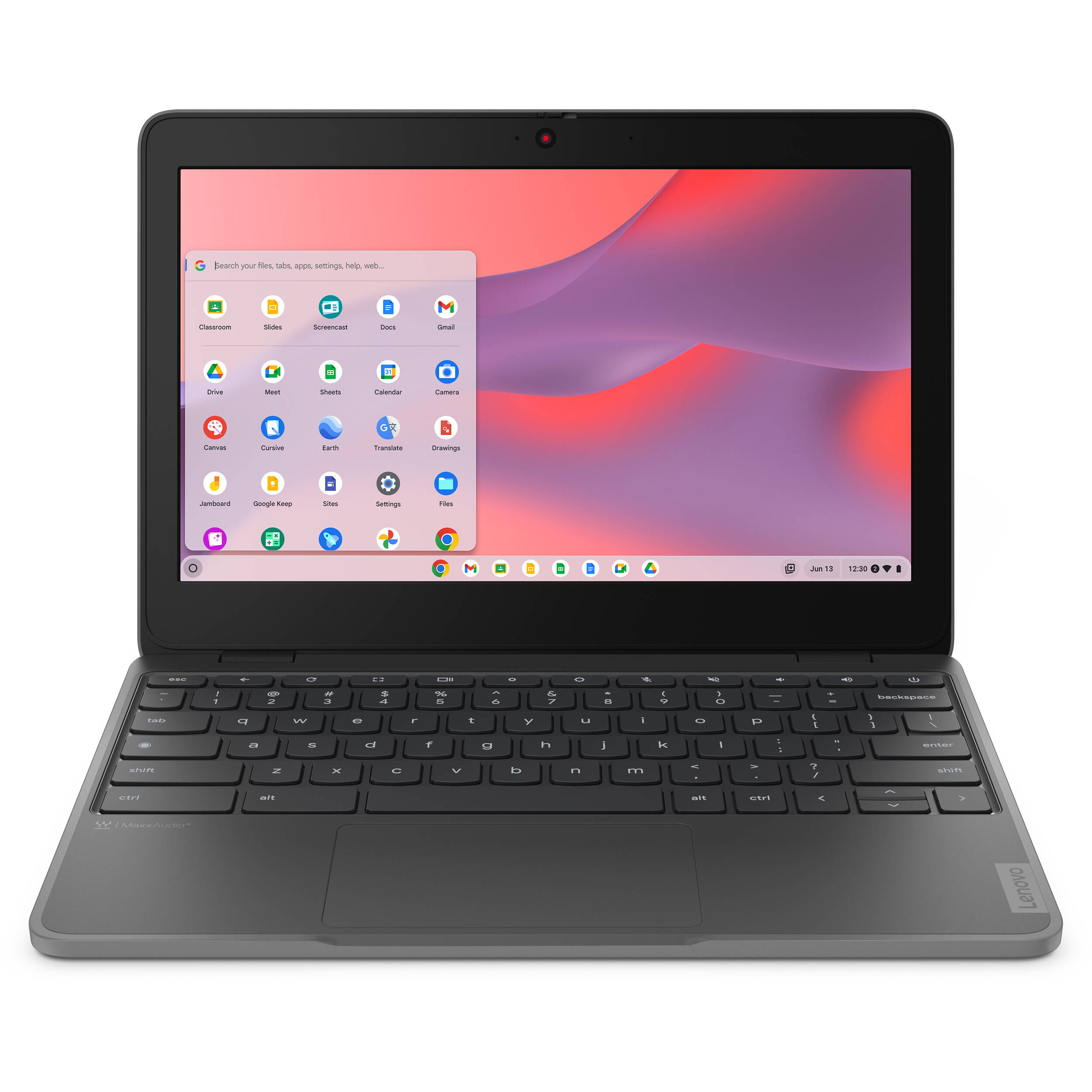 Lenovo 100e Chromebook with 11.6-inch touchscreen, Intel N100, 8 GB RAM, and grey chassis — view 3