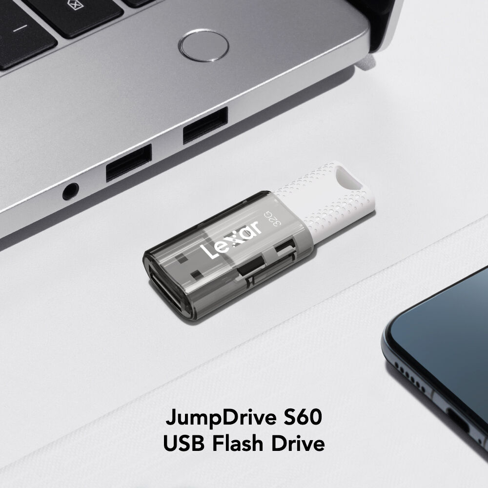 Lexar JumpDrive S60 32GB USB 2.0 flash drive with capped white and black design — view 2