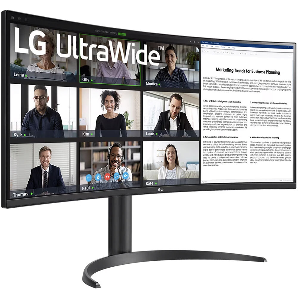 LG 34-inch WQHD ultrawide curved monitor with built-in speakers, webcam, microphone, and USB Type-C — view 2