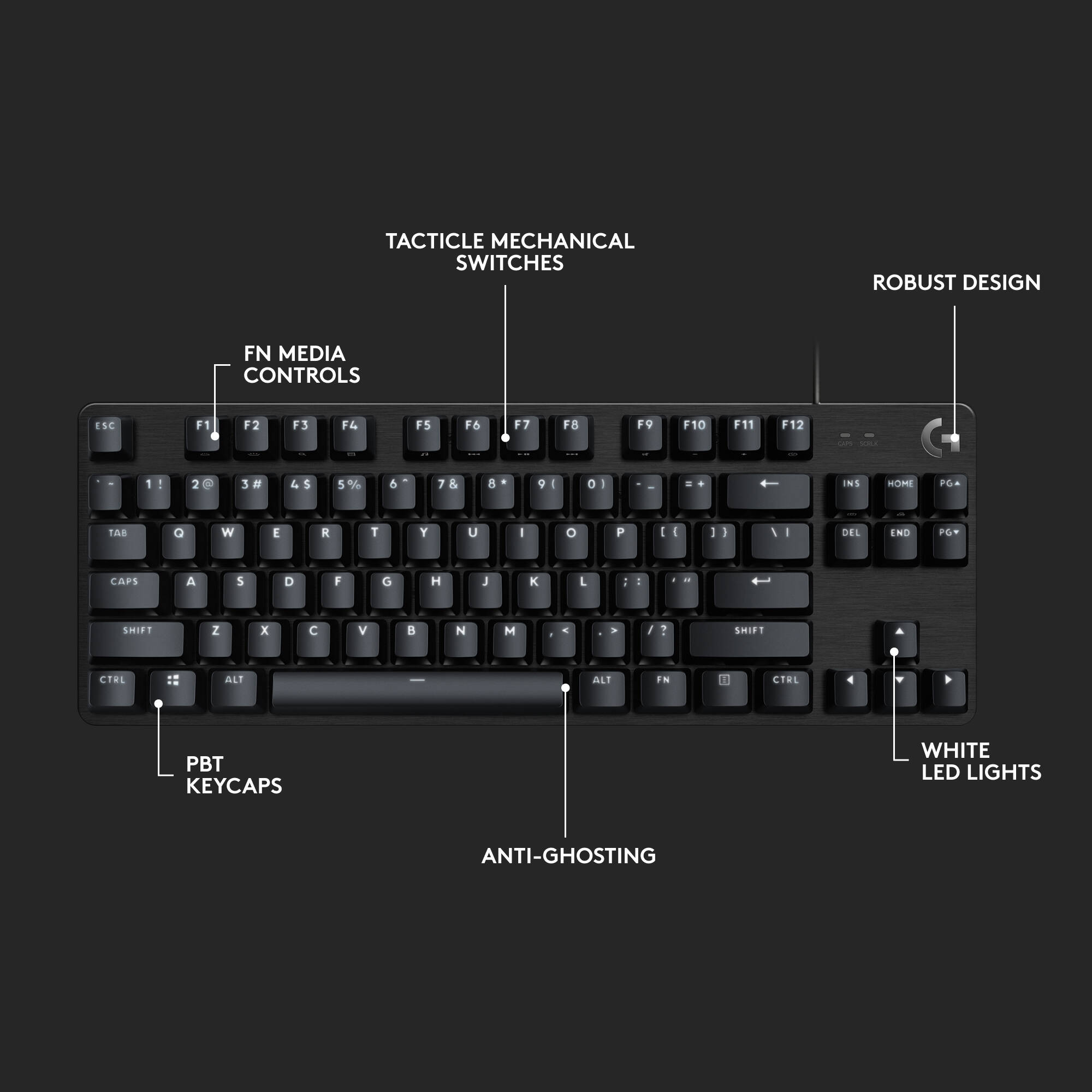 Logitech G413 SE tenkeyless wired gaming keyboard with white backlighting and aluminum top case — view 11