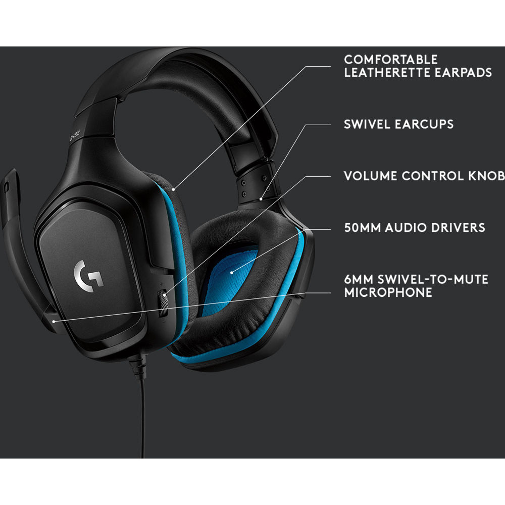 Logitech G432 wired gaming headset in black with over-the-head circumaural ear cups and boom microphone — view 15