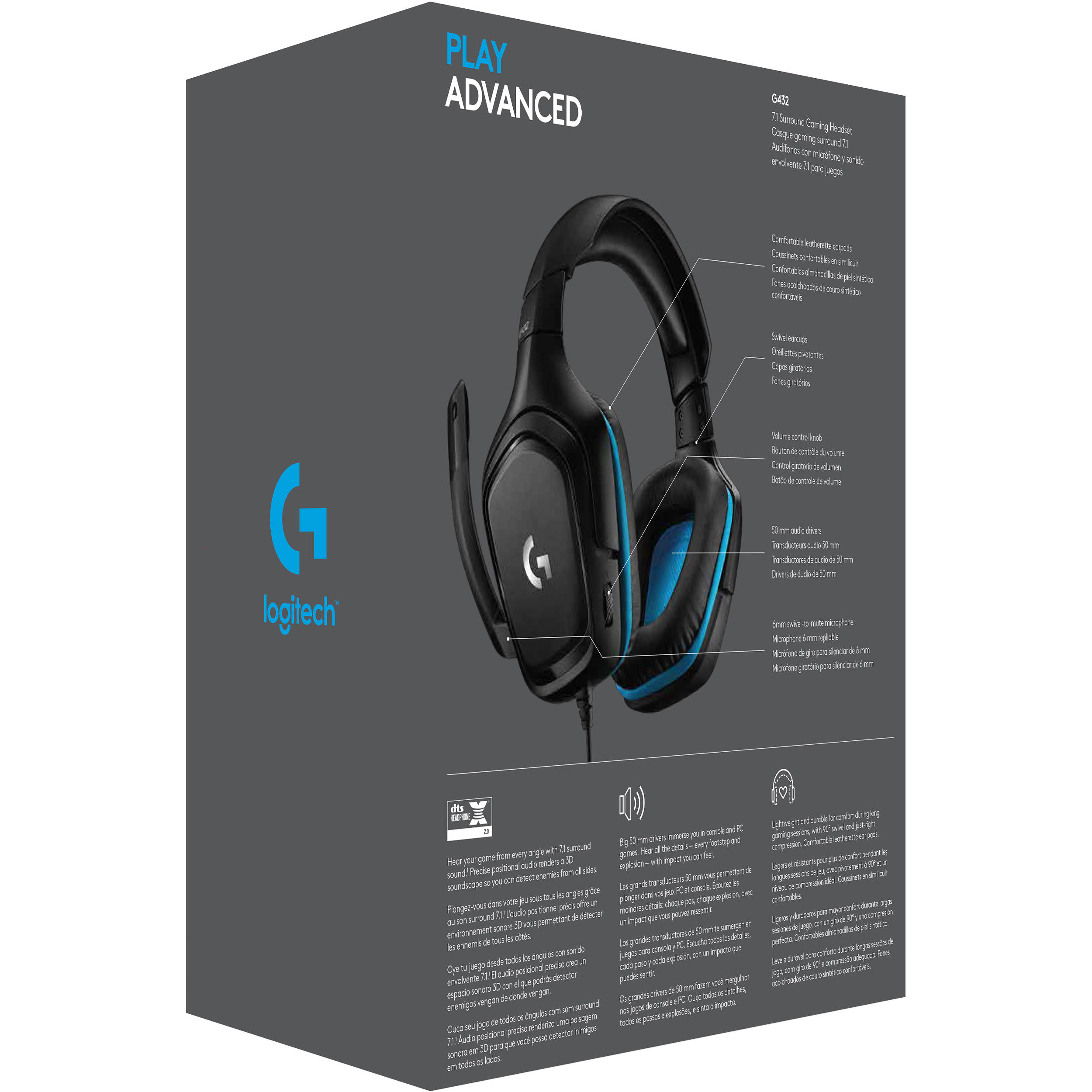 Logitech G432 wired gaming headset in black with over-the-head circumaural ear cups and boom microphone — view 17