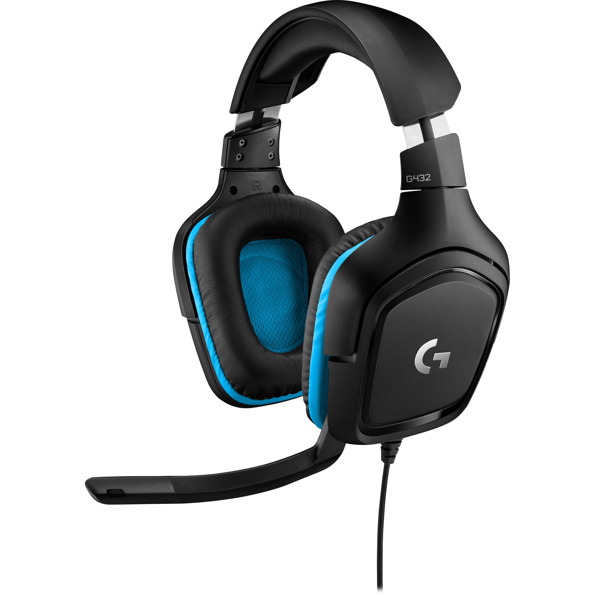 Logitech G432 wired gaming headset in black with over-the-head circumaural ear cups and boom microphone — view 2
