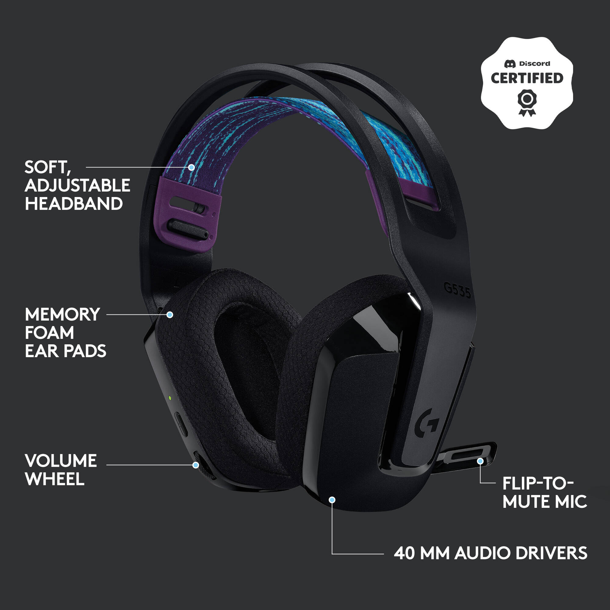 Logitech G535 wireless headset in black with over-ear design for gaming and long-session comfort — view 6