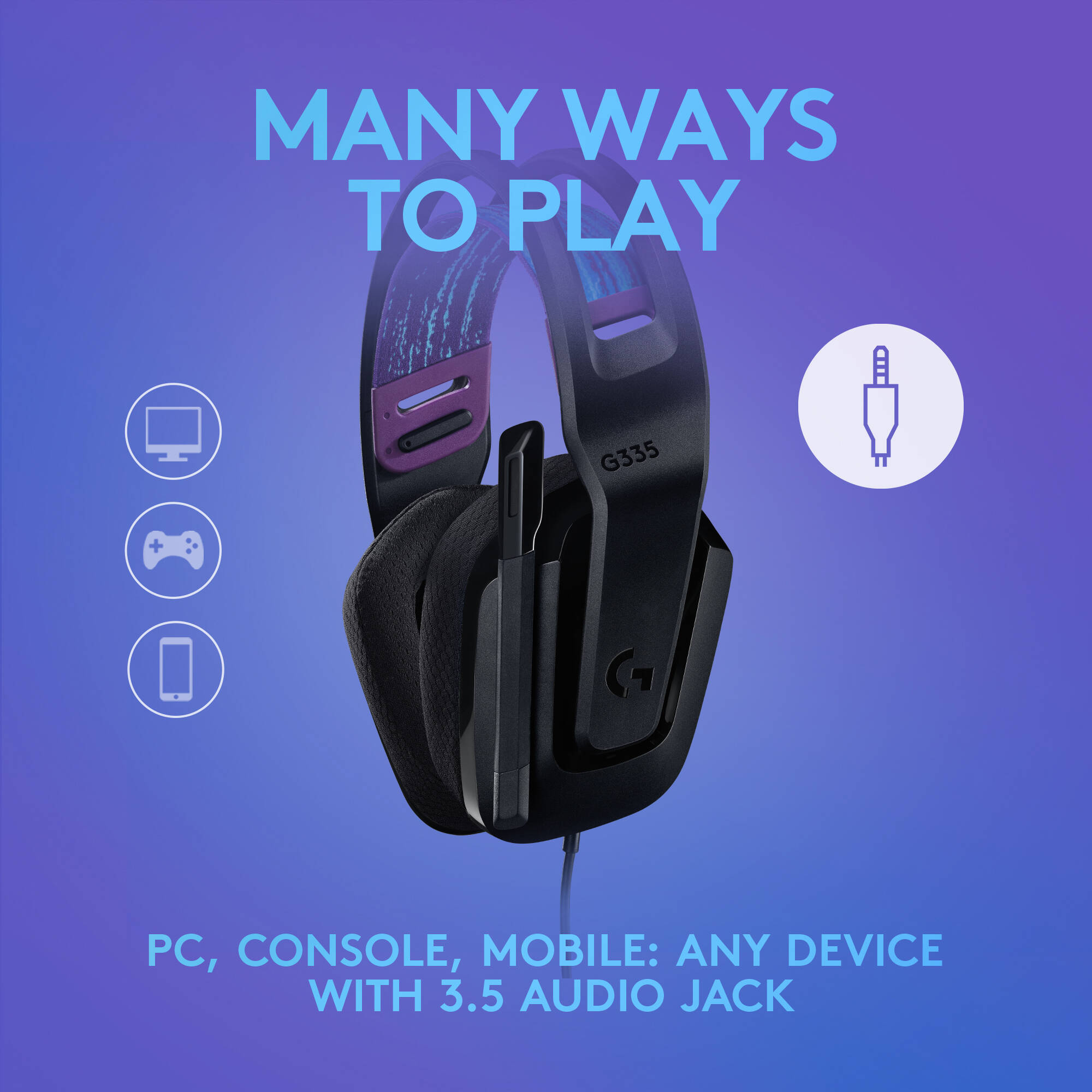 Logitech G335 wired gaming headset in black with boom microphone and lightweight over-ear design — view 3