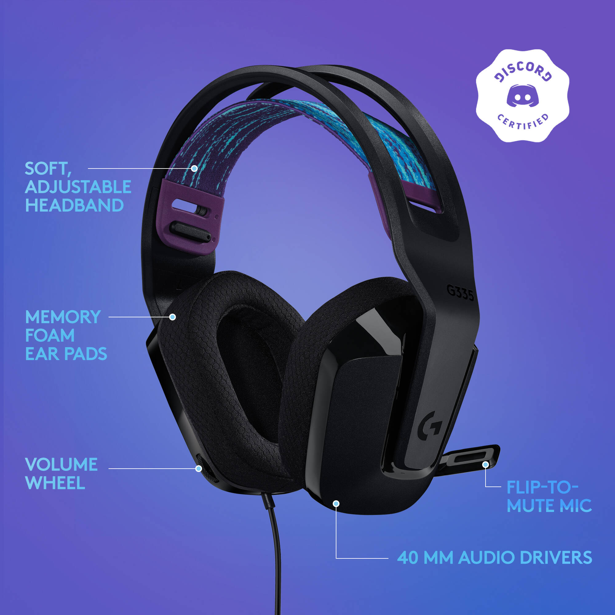 Logitech G335 wired gaming headset in black with boom microphone and lightweight over-ear design — view 6