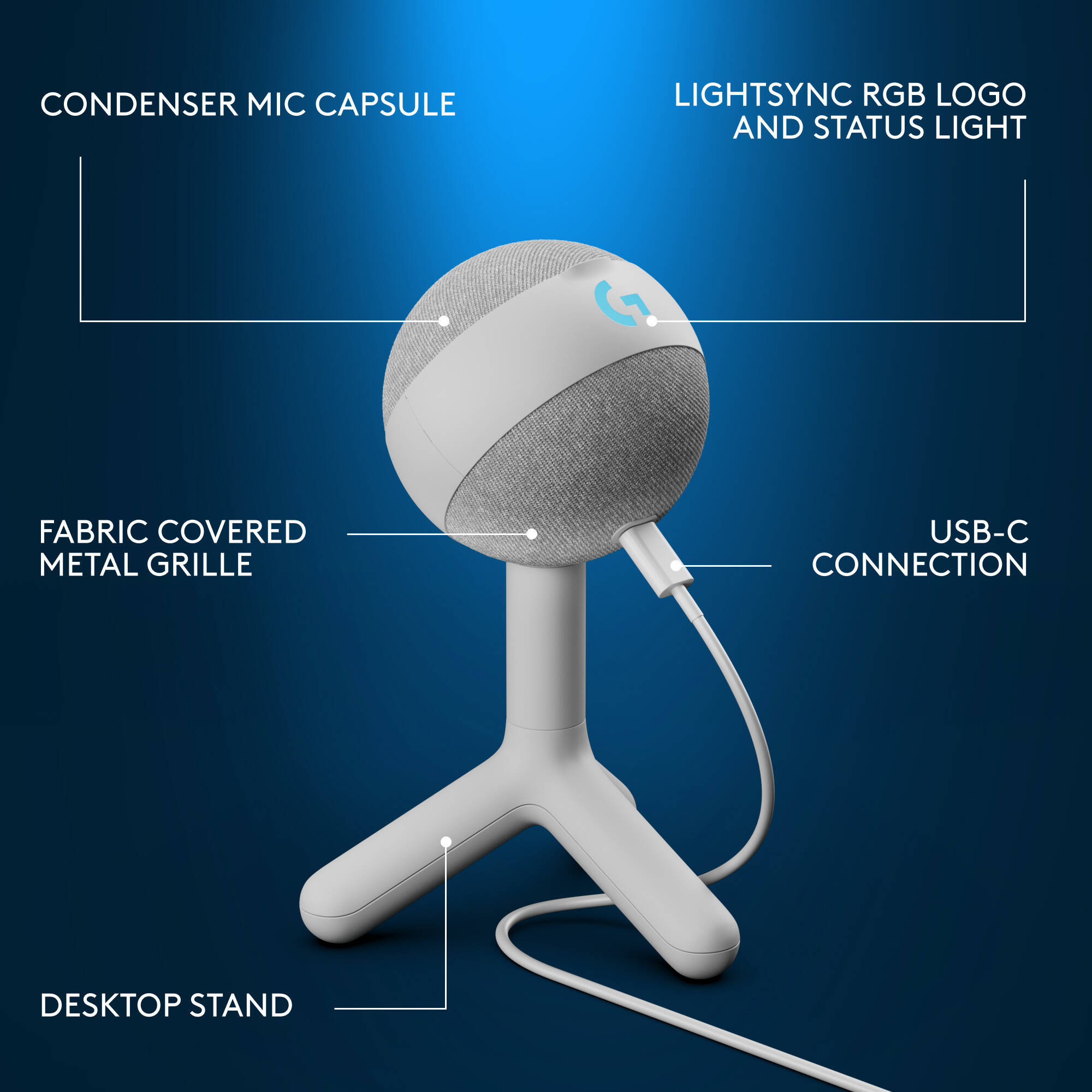 Logitech Yeti Orb RGB gaming microphone with white finish and LIGHTSYNC lighting — view 12