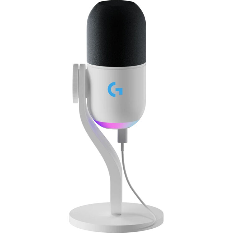 Logitech Yeti GX RGB gaming microphone with LIGHTSYNC lighting on a desktop setup — view 2