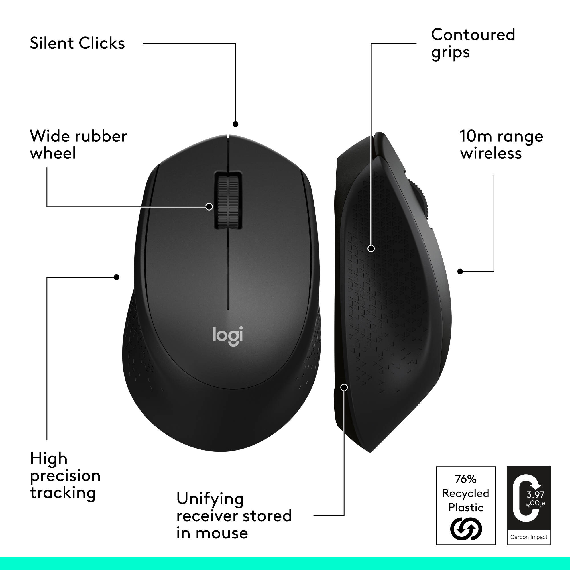 M330 Silent delivers advanced right-hand comfort, excellent accuracy, long battery life, and broad compatibility all while reducing over 90% of clicking sounds. — view 7