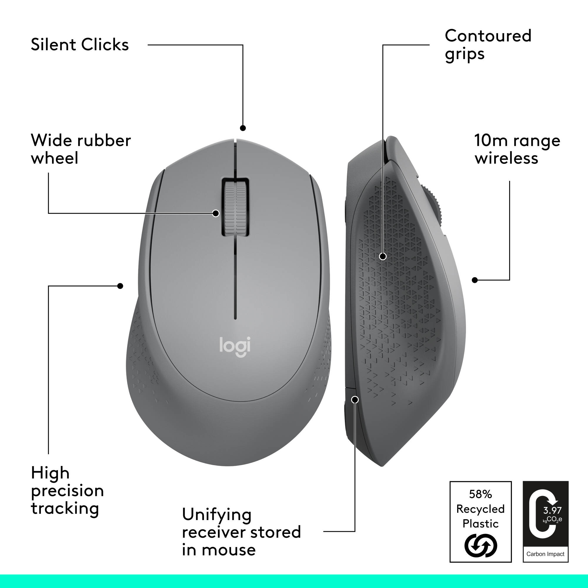 Logitech M330 Silent Plus Grey wireless right-handed mouse with silent clicks — view 7