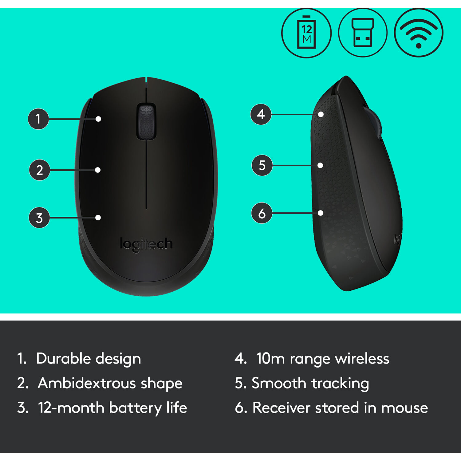 Choose a reliable wireless connection now with Logitech M170 Wireless Mouse. This affordable, no-hassle mouse has a 12-month battery life* and  works with Windows, Mac and Chrome . *Battery life may vary based on your use. — view 5