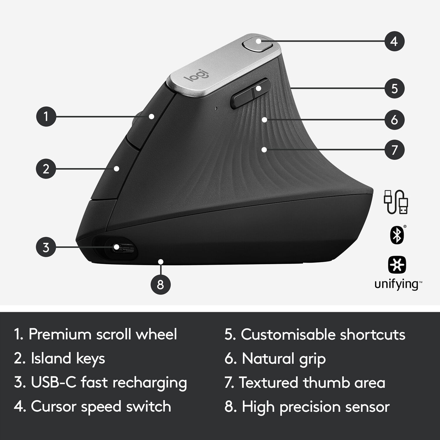 Logitech MX Vertical ergonomic mouse in graphite, 57-degree vertical wireless mouse with rechargeable battery — view 6