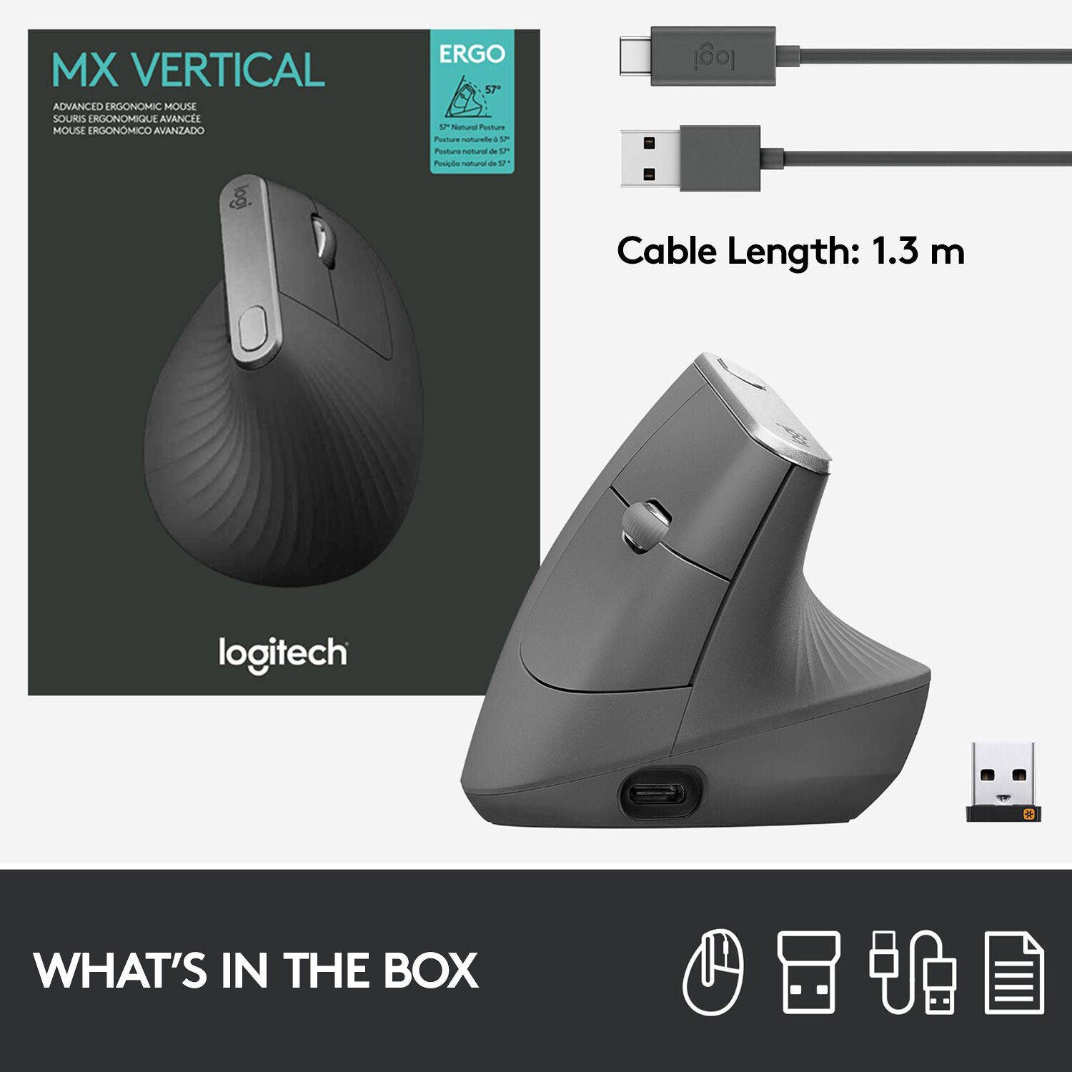 Logitech MX Vertical ergonomic mouse in graphite, 57-degree vertical wireless mouse with rechargeable battery — view 9
