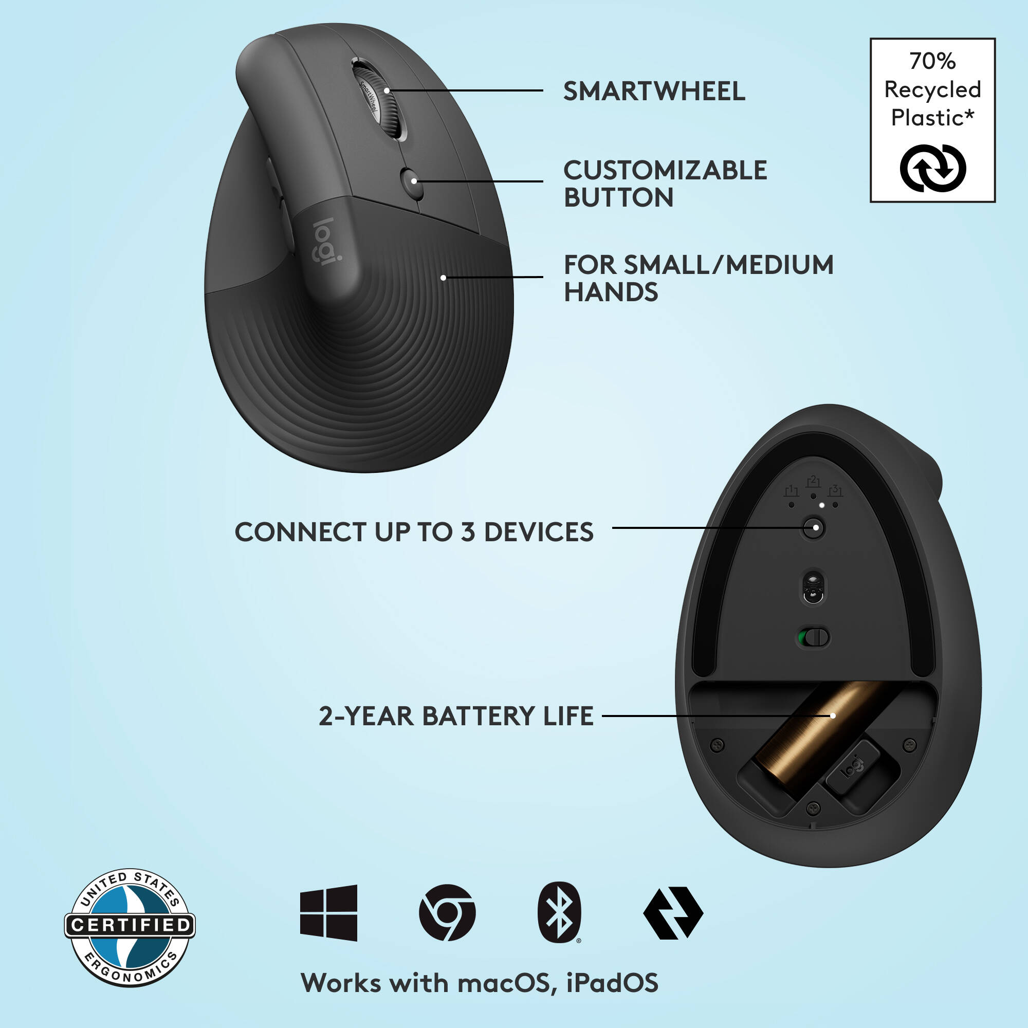 Logitech Lift Vertical Ergo Mouse in vertical right-hand ergonomic design with wireless connectivity — view 6