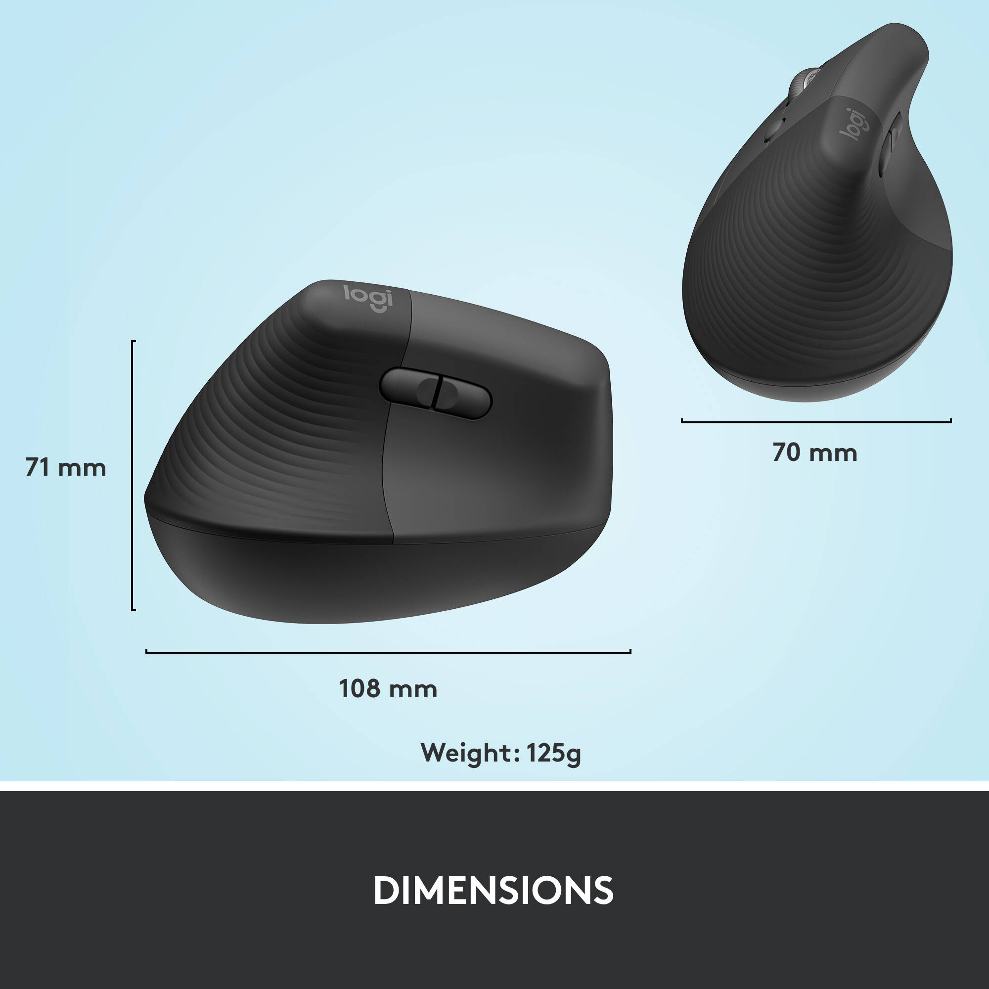 Logitech Lift Left Vertical Ergo Mouse in graphite, left-handed ergonomic wireless mouse — view 9