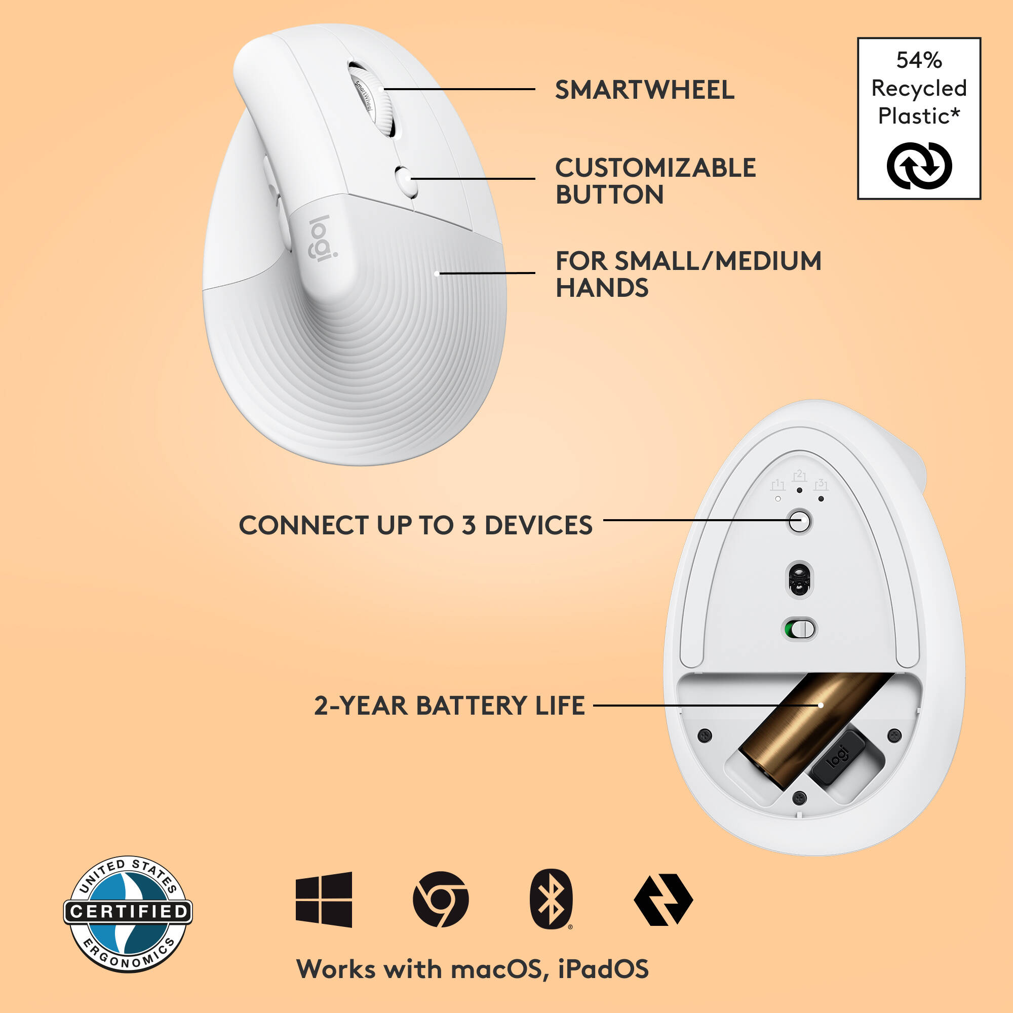 Logitech Lift Vertical Ergo Mouse white vertical ergonomic wireless mouse — view 6