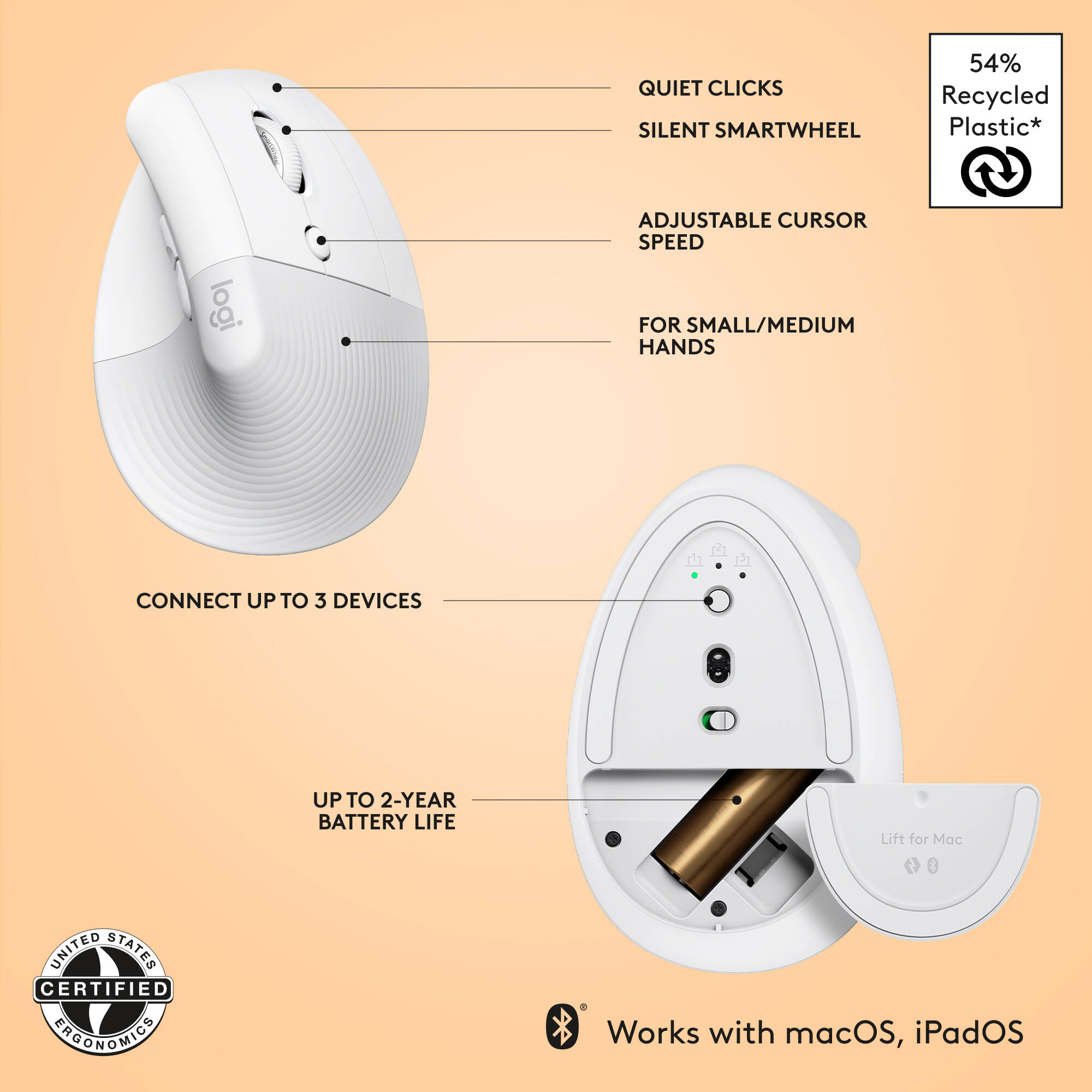 Logitech LIFT Ergo Mouse for Mac in off-white, vertical ergonomic wireless mouse — view 6